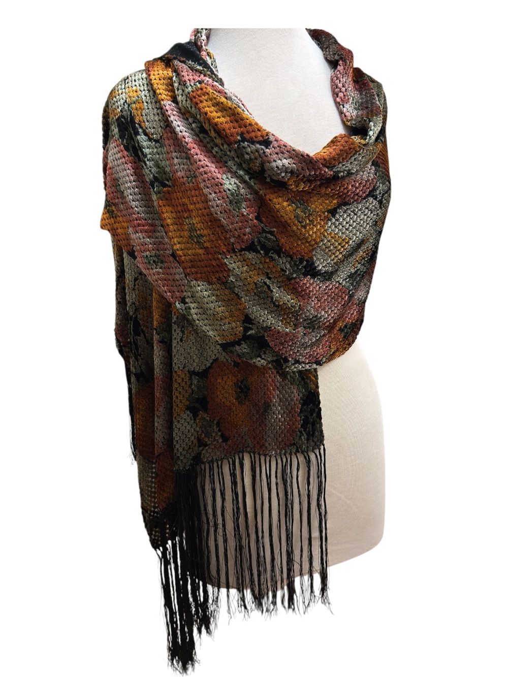 Saldarini Made in Italy Long Floral Textured Scarf Wrap Fringe Rust Pink Vintage